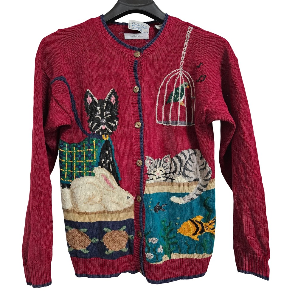 Countryside Classics Cardigan Womens M Red Hand Embroidered VTG Knit‎ Pets Theme